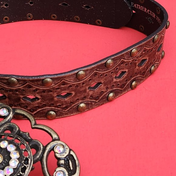 Aldo Genuine Leather Studded Belt With Beautiful Brass Buckle Size S - Picture 6 of 9
